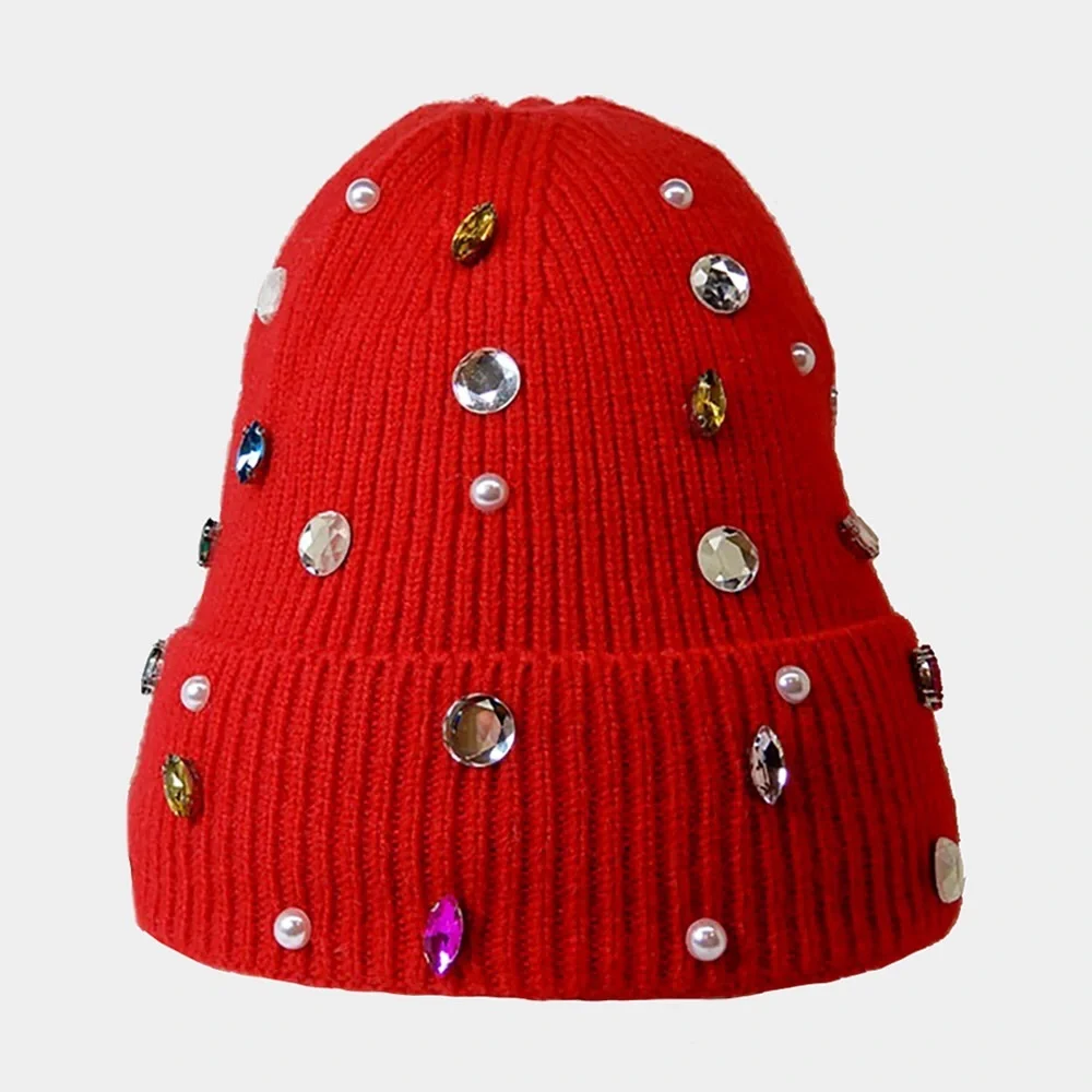 Rhinestone & Pearl Jewel Embellished Fleece Lining Knit Beanie Hat